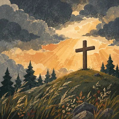 Weathered Cross on Hilltop Beneath Stormy Sky
