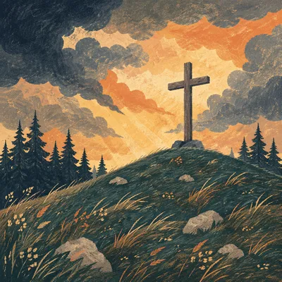 Weathered Cross on Evergreen Hill at Dusk