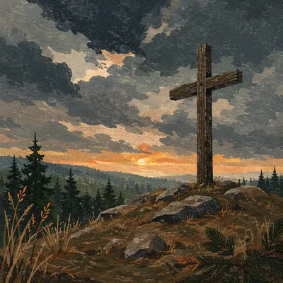Wooden Cross on Stormy Evergreen Hilltop