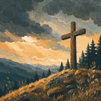 Wooden Cross on Evergreen Hilltop
