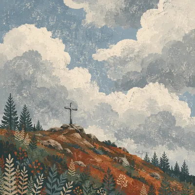 Wooden Cross on Hilltop Under Dramatic Sky
