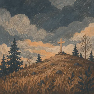 Wooden Cross on Evergreen Hill at Dusk