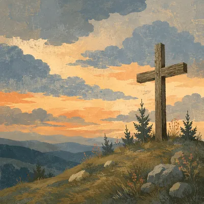 Weathered Wooden Cross on Dramatic Hilltop