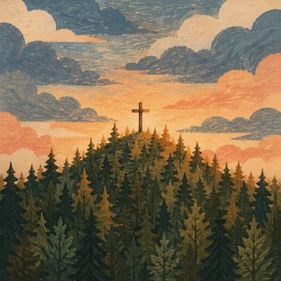 Wooden Cross on Evergreen Hill at Sunset