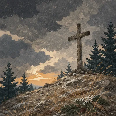 Weathered Cross on Evergreen Hilltop