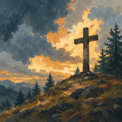 Weathered Cross on Evergreen Hilltop