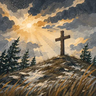 Weathered Cross on Windswept Evergreen Hilltop