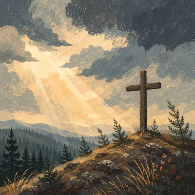Wooden Cross on Stormy Evergreen Hilltop