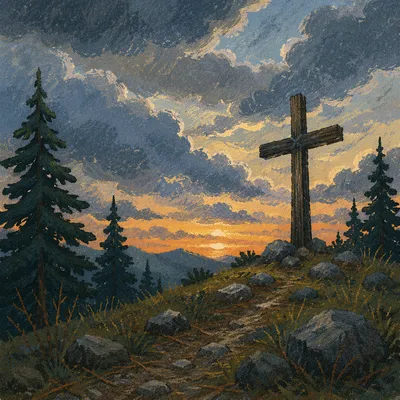 Weathered Cross on Evergreen Hilltop