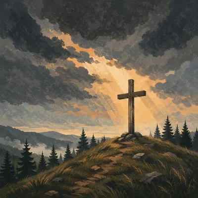 Wooden Cross on Evergreen Hilltop at Sunset