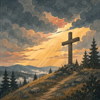 Wooden Cross on Evergreen Hilltop