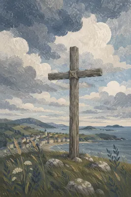 Weathered Wooden Cross Under Dramatic Sky