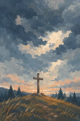 Wooden Cross on Stormy Evergreen Hilltop
