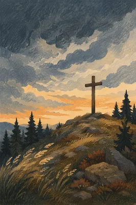 Wooden Cross on Stormy Evergreen Hilltop