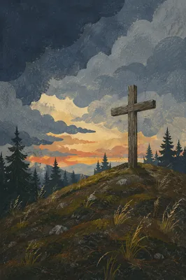 Weathered Cross on Evergreen Hilltop at Sunset