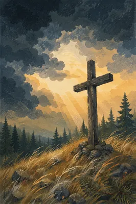 Wooden Cross on Hilltop Under Dramatic Sky