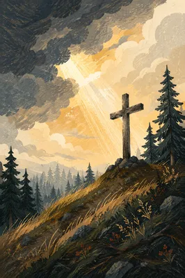 Weathered Cross on Evergreen Hilltop