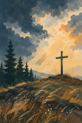 Weathered Cross on Stormlit Evergreen Hilltop