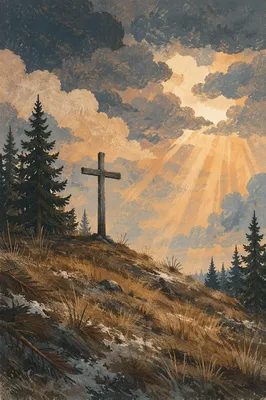 Wooden Cross on Evergreen Hilltop Sky