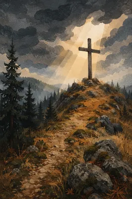 Weathered Wooden Cross on Evergreen Hilltop