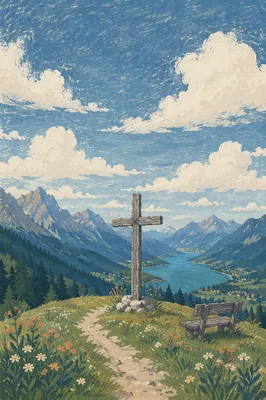 Wooden Cross on Alpine Hilltop Under Dramatic Sky