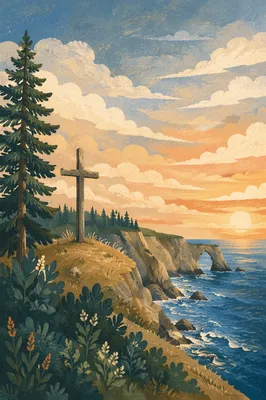 Wooden Cross on Coastal Hilltop