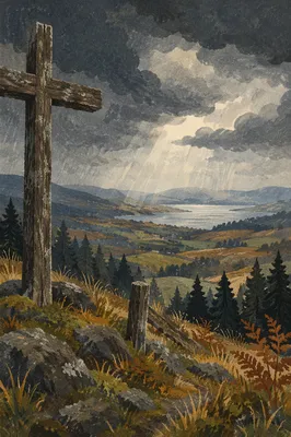 Wooden Cross on Stormy Evergreen Hilltop