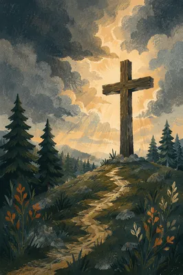 Wooden Cross on Hilltop Under Dramatic Sky