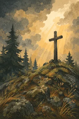 Wooden Cross on Evergreen Hilltop at Sunset