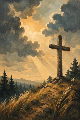 Wooden Cross on Evergreen Hilltop