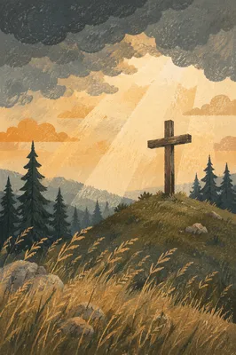 Wooden Cross on Hilltop Under Dramatic Sky