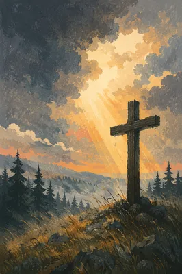 Wooden Cross on Hilltop Under Dramatic Sky