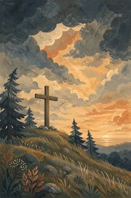 Wooden Cross on Hilltop Under Dramatic Sky