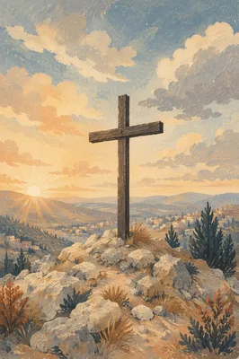 Wooden Cross on Hilltop at Golden Hour