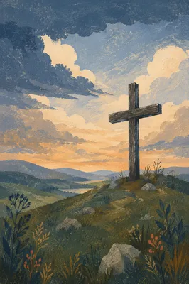 Weathered Wooden Cross Beneath Dramatic Evening Sky