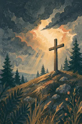 Wooden Cross on Evergreen Hilltop at Dawn