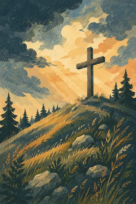 Wooden Cross on Evergreen Hilltop at Dusk