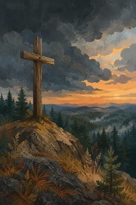 Wooden Cross on Stormy Evergreen Hilltop