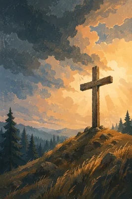Wooden Cross on Evergreen Hilltop Sky