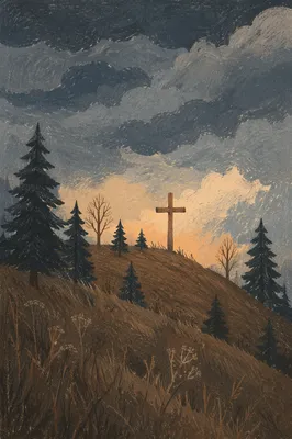 Wooden Cross on Evergreen Hilltop