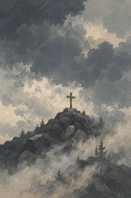 Wooden Cross on Misty Evergreen Hilltop