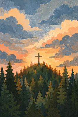 Wooden Cross on Evergreen Hilltop Under Dramatic Sky