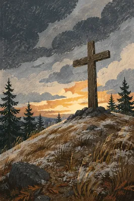 Weathered Cross on Evergreen Hilltop