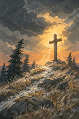 Weathered Cross on Evergreen Hilltop at Sunset