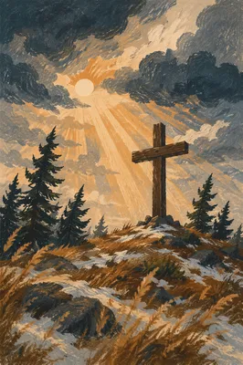 Wooden Cross on Windswept Evergreen Hilltop