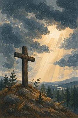 Wooden Cross on Stormlit Evergreen Hilltop