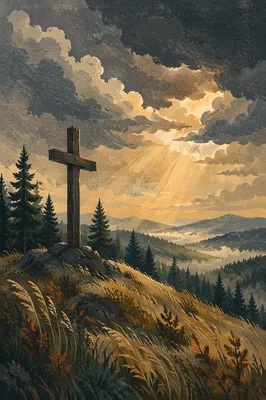 Weathered Cross on Evergreen Hilltop Under Storm Sky