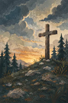 Weathered Wooden Cross Beneath Dramatic Evergreen Sky
