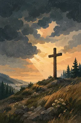 Wooden Cross on Hilltop Under Dramatic Sky