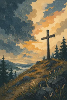Weathered Cross on Evergreen Hilltop